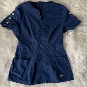 Navy Jaanuu Scrub Top with Gold Shoulder Buttons